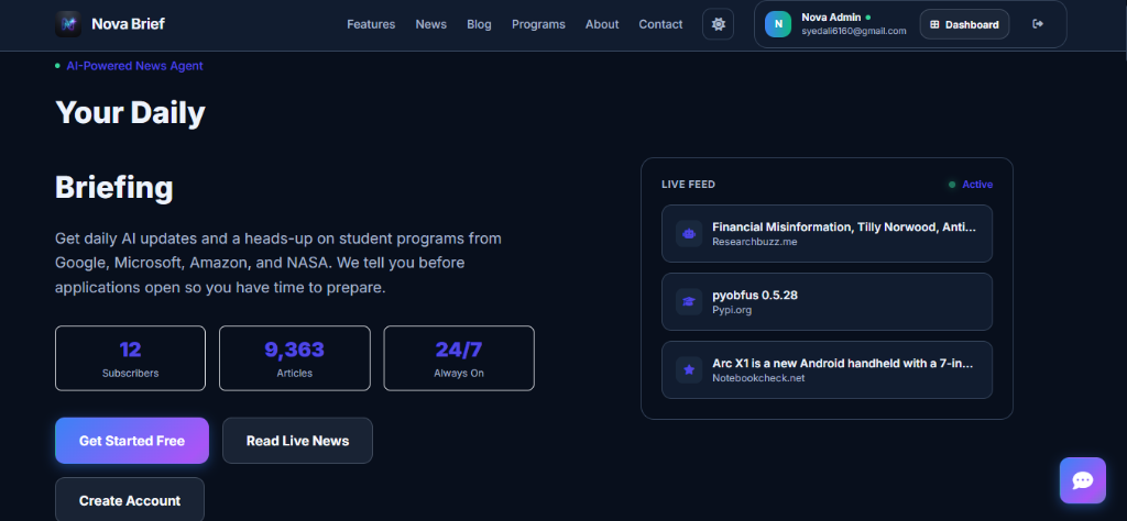 NovaBrief Tech platform dashboard